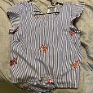 White and blue pinstriped with floral tee